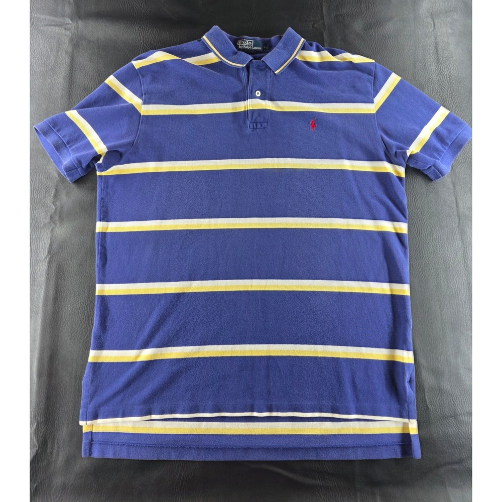 Polo Ralph Lauren Mens XL Blue Yellow Striped Short Sleeve Polo Shirt Pony Logo
